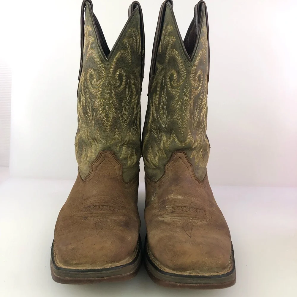 Durango Brown Leather Green Cowboy Western Boots Size 8.5